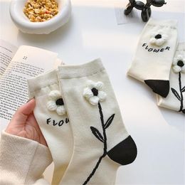 Women Socks Woollen Knitted Flower Medium Tube Korean Trend Sweet Black And White Women's Three-dimensional Handmade