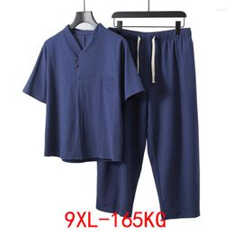 Men's Tracksuits 165KG Large Size Men Clothing Vintage Tracksuit Summer Blue Home Suit Linen T Shirt Fashion Male Set Chinese 8xl 9xl