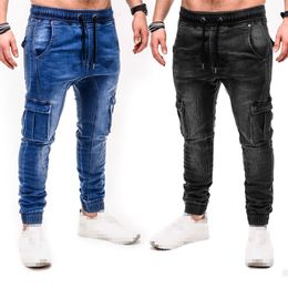 Men's Jeans Black Skinny Men Cargo Pants Fashion Drawstring Mid Waist Distressed Hombre Casual Multi pocket Sport Denim Trousers 230810