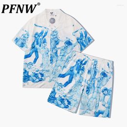 Men's Tracksuits PFNW Summer Trendy Figure Digital Printing Shorts Set Tide Y2K Niche Design Lapel Loose Casual Short Sleeve Shirts 12Z1536