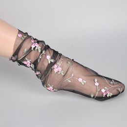 Women Socks Embroidery Flowers Tulle Transparent Long Chiffon Thin Lace Dress Streetwear Calcetines