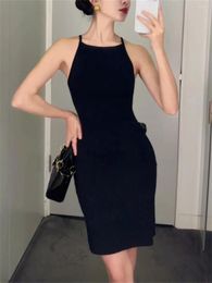 Casual Dresses Ladies Black Square Neck Knitted Mini Robe 2023 Summer Fashion Women Sexy Sleeveless Wrap Sling Dress