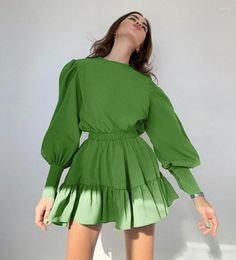 Casual Dresses Women Rose Red Lantern Sleeve Sweet Mini Dress 2023 Autumn A-line Pleated O-neck Cute Party Elegant High Waist