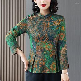 Ethnic Clothing 2023 Flower Print Cheongsam Tops Woman Classical Satin Chiffon Blouse Oriental Tang Suit Chinese Traditional Top