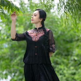 Ethnic Clothing 2023 Oriental National Flower Embroidery Blouse Traditional Chinese Mesh Sleeve Patchwork Hanfu Tops Vintage