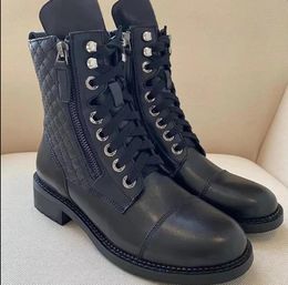 Rhombic lattice Black Ankle Boots Biker chunky flats combat Boots low heel lace-up Martin booties leather Side zipper women luxury designers Fashion boots