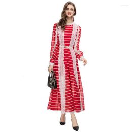 Casual Dresses Fall Winter Outfits For Women Loose Style Lace Patchwork Lantern Sleeve Frilly Ruffle Collar Tunic Maxi