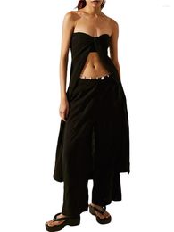 Women's Two Piece Pants Outfits For Women Y2K Set Sexy Off Shoulder Open Front Tube Tops Wide Leg Sets Streetwear