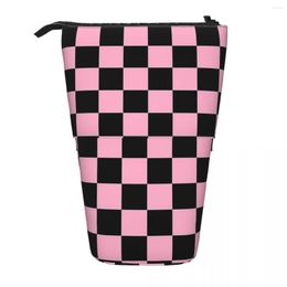 School Bags Checkered Pink And Black Pen Box Student Zipper Bag Child Stationery Pencase Vertical Retractable Pencil Case