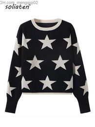 Women's Sweaters High Quality Guarantee Autumn and Winter Women's Sweater O-Neck Star Pull Knitted Sweater Long Sleeve with Split Casual Jumper C-147 Z230814