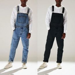 Men Denim Bib Overalls Big Size Vintage Big Pocket Black Jeans Jumpsuit Homme Casual Adjustable Suspenders Long Pants Streetwear