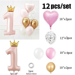 Decoration Princess Crown Number Foil Balloons 1st Birthday Decorations Kids Girl Boy Baby Year Anniversary Supplies