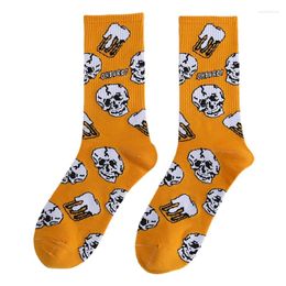 Women Socks Skeleton Yellow Streetwear Ins Hip Hop Harajuku Style Male Long Men Cotton