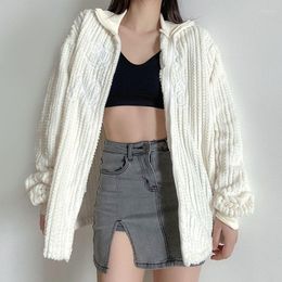 Women's Knits Fleece Retro Embroidered Coat Women Autumn Loose Cardigan Sweater Solid White Top Streetwear 2023 Elegant Casual Cloth