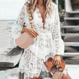 Casual Dresses Summer Dress See-through Lace Crochet Mini Bikini Cover Up Deep V-Neck Long Sleeve High Waist Loose Hem Beach
