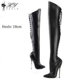 Sexy knee length boots with 18cm super high metal heels for fun performances in large DS men's and women's slim leg high boots 230811