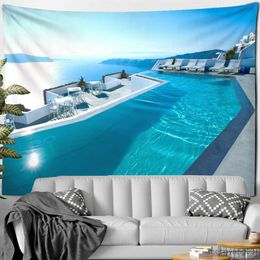 Tapestries Faux Window Beach Sun Forest Painting Tapestry Wall Hanging Boho Psychedelic Home Decor Tapestry R230811