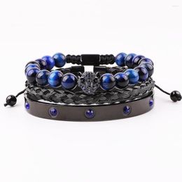 Strand High Quality Luxury Men Women Jewellery Blue CZ Micro Pave Leopard Charm Tiger Eye Adjustable Beads Macrame Bracelet Bangle Set