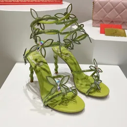 Rene Caovilla Sandali con tacco alto Designer Scarpe eleganti da donna 9,5 cm Serpentine Wraparound Crystal Foot Ring Fashion Party Stiletto Scarpe da banchetto