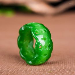 Cluster Rings Chinese Natural Green Jade Hollow Carve Jadeite Ring Charm Jewellery Fashion Hand-Carved Man Woman Luck Gifts Amulet
