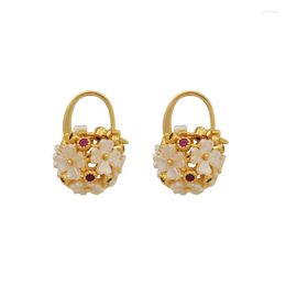 Hoop Earrings Copper Plated Genuine Gold Temperament Elegant And Sweet Flower Basket Shaped Retro High-end Feel