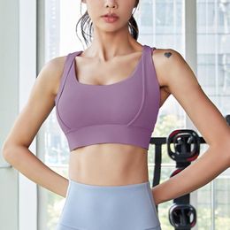 Yoga Outfit Bra Wide Shoulder Straps Removable Chest Pad Back Buckle Proof Round Up Tank Top Full Coverage Push Athletic