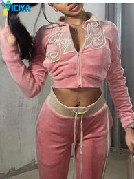 Womens Two Piece Pants YICIYA Tracksuit Women Velvet Y2k Velour Suit Zipup Jacket And Peice Sets Summer Outifits Crop Top Suits 230810