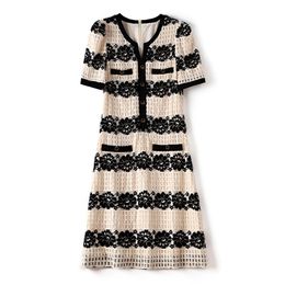 2023 Summer White / BlackContrast Color Panelled Lace Dress Short Sleeve Round Neck Buttons Knee-Length Casual Dresses W3Q014207