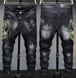 Men's Jeans European Style Men Brand Mens Slim Trousers Black Straight Skulls Biker Hole Pants For