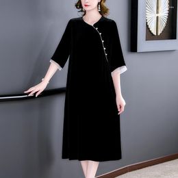 Casual Dresses 2023 Autumn Fashion Velvet Black Round Collar Stitching Dress Korean Vintage Elegant Loose Waist Party Lady