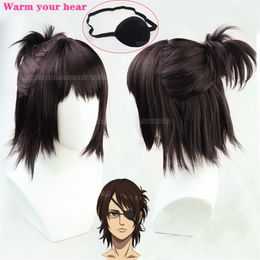 Cosplay Wigs Final Season 4 Anime Attack on Titan Hange Zoe Cosplay Wig Dark Brown Hair With Eye Patch Heat Resistant Fibre Hair a wig cap 230810