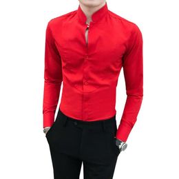 Mens Casual Red Shirt Long Sleeve Simple Social V-neck Shirts Men Slim Fit Stand Collar Night Club Tuxedo Gentlemen Men's2733