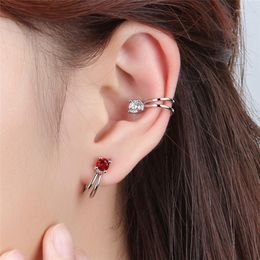 Backs Earrings Exquisite Crystal Red Clip Ear Women Jewelry Trendy 925 Silver Without Hole Lady Shiny Stone Earring Female Accessories