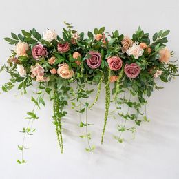 Decorative Flowers Suspended Ceiling Double-Sided Floral Arrangement With Hang Green Plant Vine Wedding Backdrop Deco Flower Row Banquet