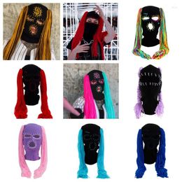 Berets Girls Funny Double Wig Cap Handmade Knitted Pullover Halloween Party Fun Dress Up Autumn And Winter Warm Face Mask