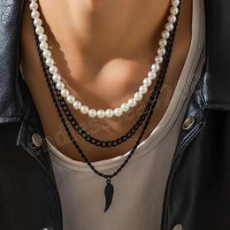 Imitation Pearl and Thick Chain with Wing Pendant Necklace Men 3 Layered Separable Chains on Neck 2023 Fashion Jewellery Male