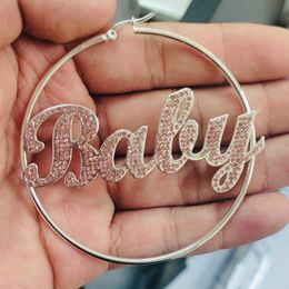 Hoop Huggie Custom Name Earrings With Diamond Customised Pink Bling Hoops Personalised Zircon Jewellery For Women Gift 230811