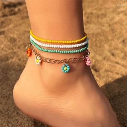 Anklets Boho Vintage Flower For Women Beads Multi-layer Ankle Bracelet Leg Foot Chain Beach Jewelry Gift Summer Accessories