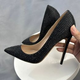 Black Rhinestones Shinny Bottom Women Pointed Toe Slip on High Heel Shoes for Party Evening Dress Elegant Ladies Red Soles Stiletto Pumps