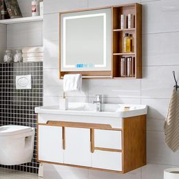 Bathroom Sink Faucets Waterproof Solid Oak Log European Style Wall-Mounted Smart Cabinet Combination Washbasin Table