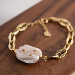 Charm Bracelets ALLME Classic Baroque Freshwater Pearl CZ Zircon For Women 14K Gold Plated Brass Chunky Link Chain Bracelet