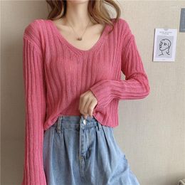 Women's Sweaters Sexy V-neck Hollow Out Knitwear Spring Autumn Long Sleeve Thin Pullover Sweater Korean Casual Black White Yellow Pink Tops