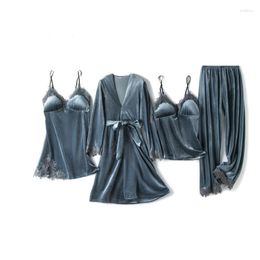 Women's Sleepwear Sexy Velour Pajamas Suits Women Autumn Winter Warm 4PCS V-Neck Long Sleeve Nightwear Casual Robe Set With Chest Pads