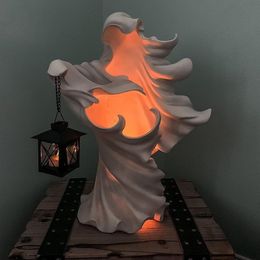 Decorative Objects Figurines Halloween Witch Resin Statue Ghost Sculpture With Lantern Hell Messenger Halloween Light Art for Home Decor 230810