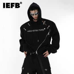 Mens Hoodies Sweatshirts IEFB Hollowed Out Hoodie Trend Shoulder Pad Long Sleeve Zipper Patchwork Fashion High Street Hooded Top 9C1338 230810