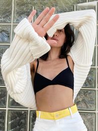 Women's Knits Tees Tossy White Women Sweater Shrugs Cropped Top Full Lantern Sleeve Knitwear Pullover Sexy Summer High Street Outwear 2023 Spring 230810