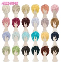 Cosplay Wigs Men's Synthetic Short Fluffy Red Silver Gray Golden Yellow Green Pink Purple Orange White Universal Bangs Cosplay Wig 29-56 230810