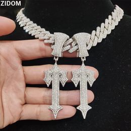 Pendant Necklaces Men Women Hip Hop Letter Iced Out Cross Sword Necklaces 15mm Width Rhombus Cuban Chains HipHop Pendant Necklace Charm Jewelry 230810