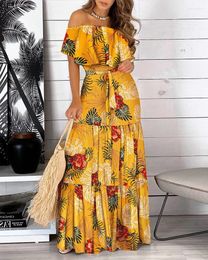 Casual Dresses Women's Summer Ruffled Strapless Print Maxi Dress Flanged Woman Long For Women