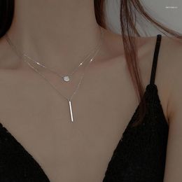 Chains Silver Color Double Layer Chain Necklace Round Shiny Full Zircon Long Pendant Choker Gift For Girl Fashion Accessories